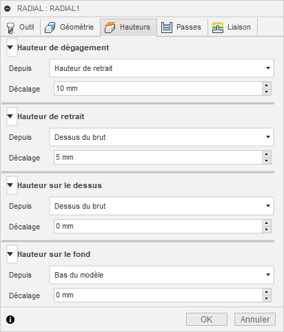 Onglet Hauteurs de la boîte de dialogue Finition radiale 3D