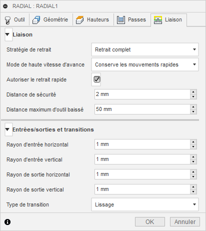 Onglet Liaison de la boîte de dialogue Finition radiale 3D