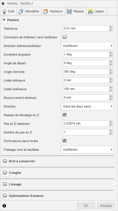 Onglet Passes de la boîte de dialogue Finition radiale 3D