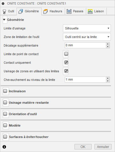 Onglet Géométrie de la boîte de dialogue Finition crête constante 3D