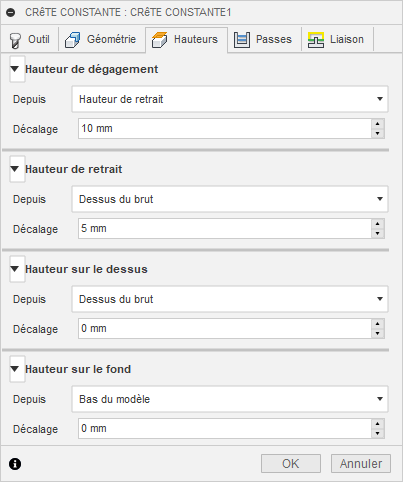 Onglet Hauteurs de la boîte de dialogue Finition crête constante 3D