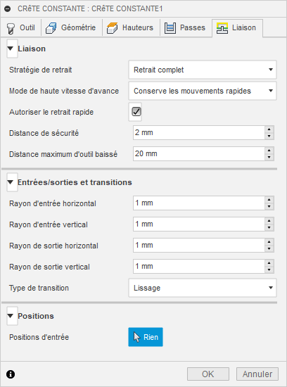 Onglet Liaison de la boîte de dialogue Finition crête constante 3D