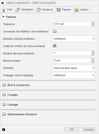 Onglet Passes de la boîte de dialogue Finition crête constante 3D