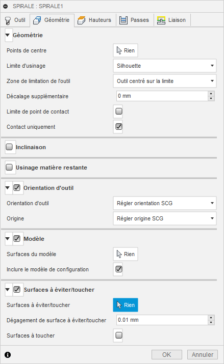 Onglet Géométrie de la boîte de dialogue Finition spirale 3D