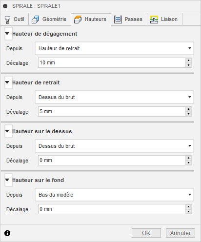Onglet Hauteurs de la boîte de dialogue Finition spirale 3D
