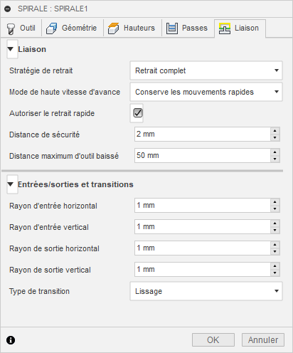 Onglet Liaison de la boîte de dialogue Finition spirale 3D