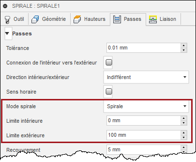 onglet Passes de la boîte de dialogue Spirale - mode spirale