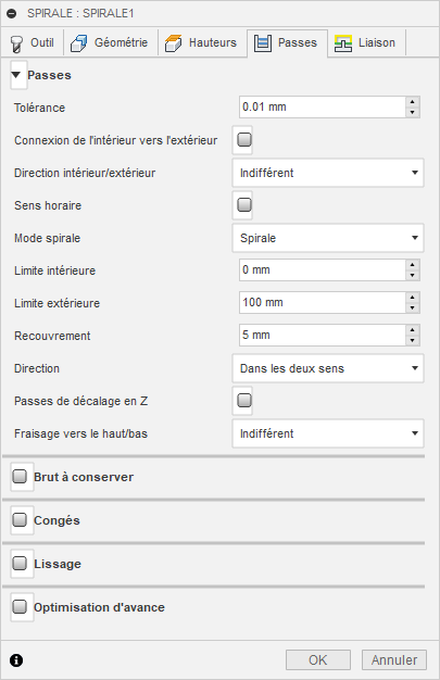 Onglet Passes de la boîte de dialogue Finition spirale 3D