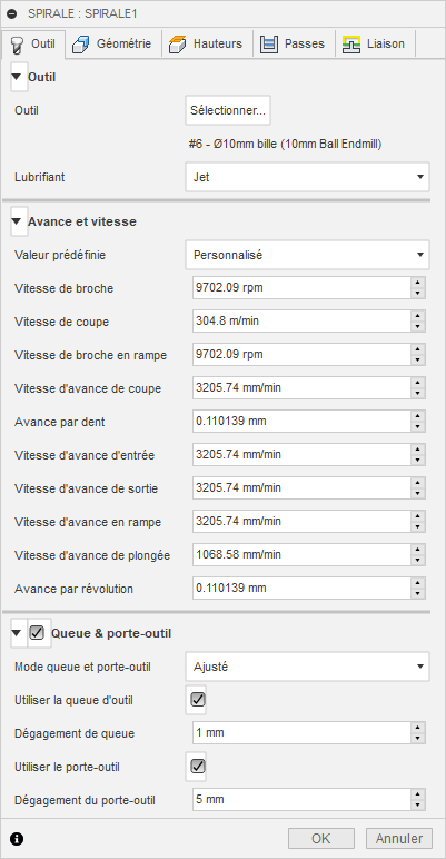 Onglet Outil de la boîte de dialogue Finition spirale 3D
