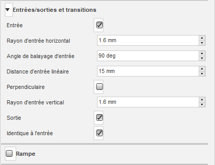 Section de la boîte de dialogue dédiée aux entrées/sorties et aux transitions 