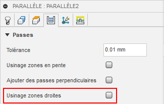 onglet passes de la boîte de dialogue parallèle - usinage zones droites