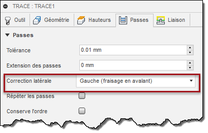 onglet Passes de la boîte de dialogue Trace - compensation latérale