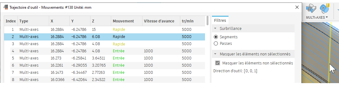 boîte de dialogue Afficher la trajectoire d’outil