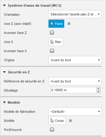 Boîte de dialogue Configuration - groupe Système d’axes de travail