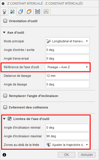 Limites d’axe d’outil dans la boîte de dialogue Z constant intercalé