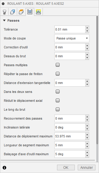 onglet Passes de la boîte de dialogue Roulant 5 axes