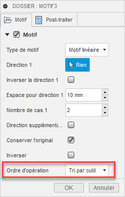 Ordre des opérations dans la boîte de dialogue Dossier : Motif