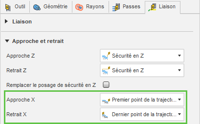 Boîte de dialogue Approche et retrait