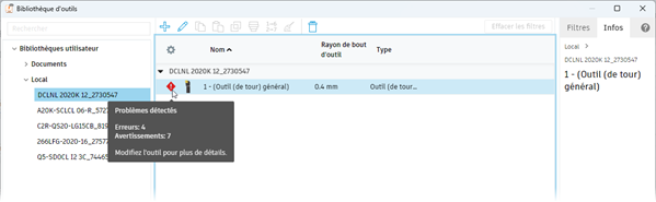 outils avec erreurs et avertissements