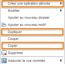 Menu contextuel du bouton droit de la souris lorsque vous cliquez sur une trajectoire d’outil qui affiche les opérations de duplication et de copie et dérivées