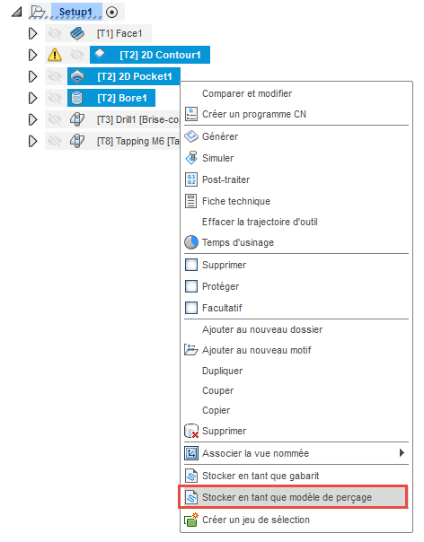 menu Actions - stocker en tant que template de perçage