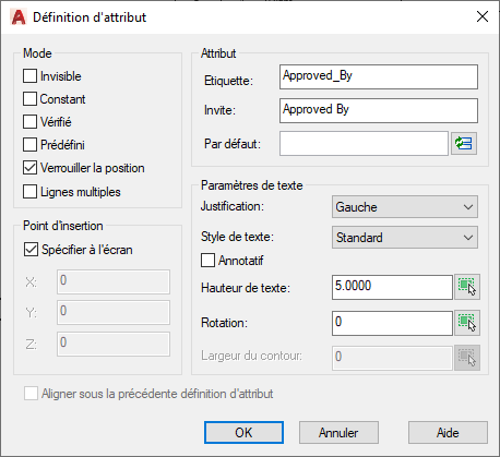 boîte de dialogue de définition d'attribut