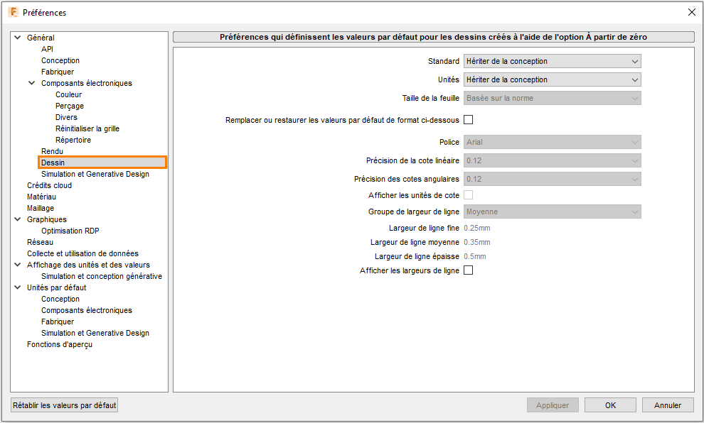 boîte de dialogue Préférences de dessin