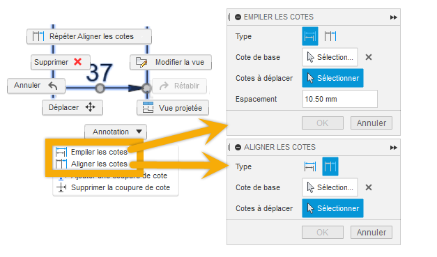 boîtes de dialogue Empiler les cotes et Aligner les cotes