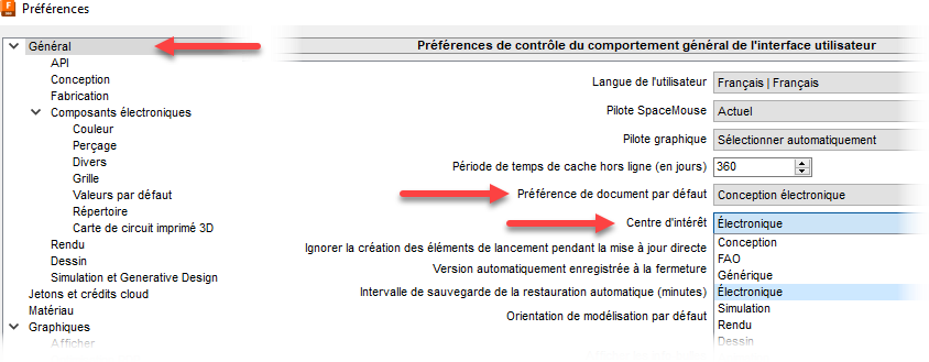 Paramètres généraux des préférences