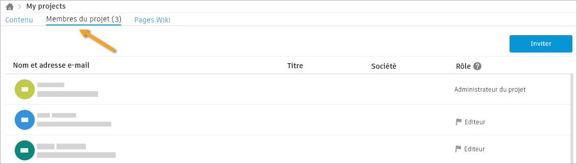 onglet Membres du projet