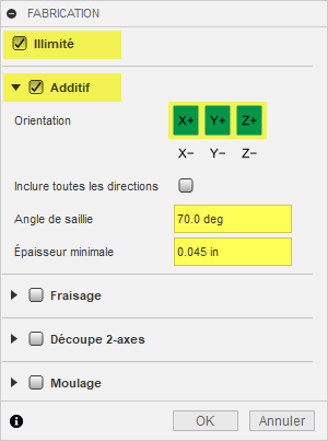 boîte de dialogue de fabrication