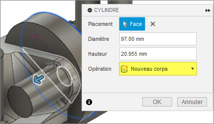 boîte de dialogue Cylindre - extruder le centre