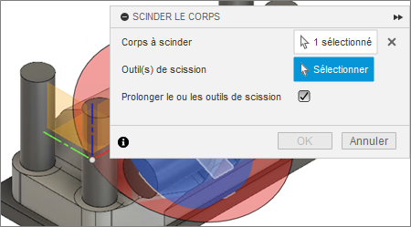 boîte de dialogue Scinder le corps - scinder le cylindre central