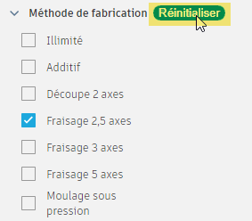 filtres de résultats - réinitialiser les filtres