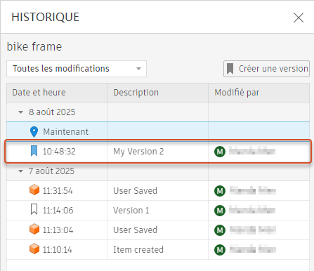 Boîte de dialogue Historique