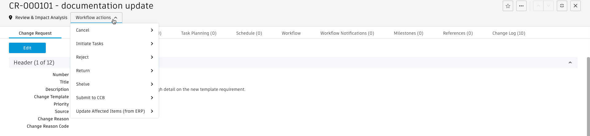 Menu déroulant du workflow