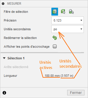 Boîte de dialogue Mesurer - Unités secondaires
