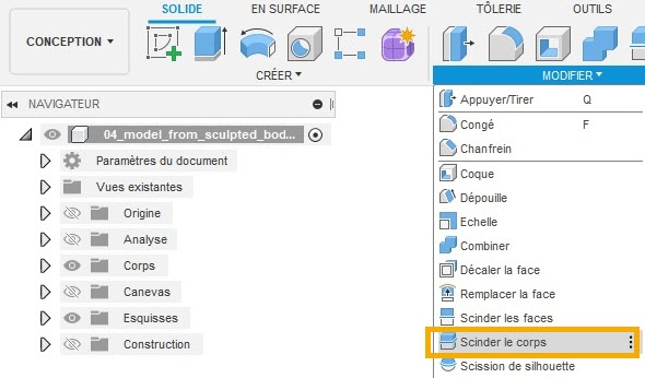 scission du modèle en deux corps