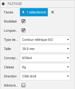Boîte de dialogue Filetage du montage