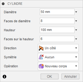 boîte de dialogue Cylindre
