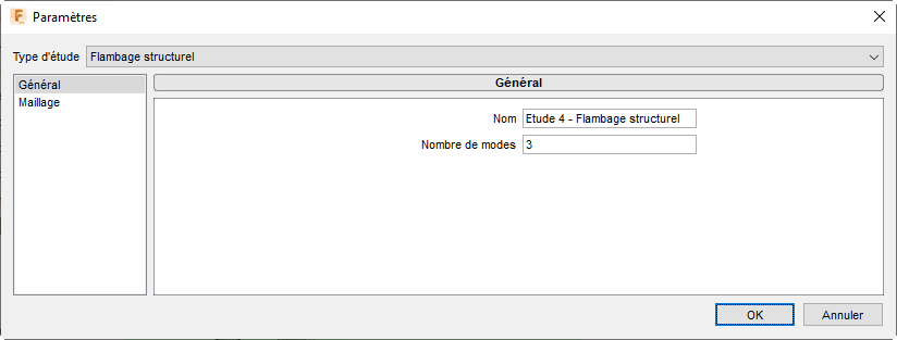 Boîte de dialogue Paramètres - type d’étude de flambage structurel