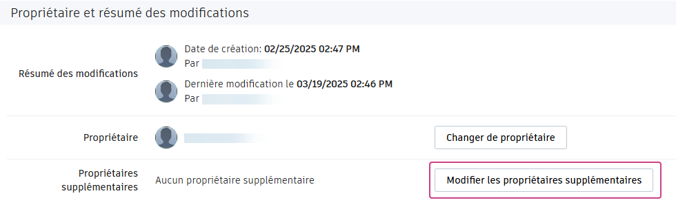 panneau Propriétaire et résumé modifications, modifier les propriétaires supplémentaires