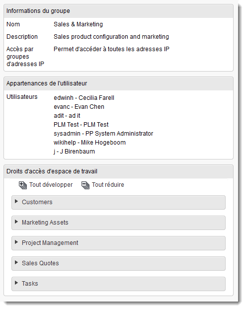 Affichage des informations, utilisateurs et droits d’accès d’un groupe