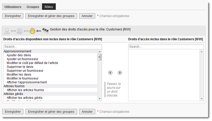 Page Gestion des droits d’accès pour le rôle