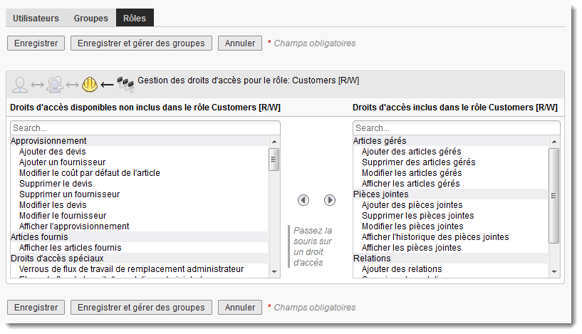 Ajout de droits d’accès à un rôle