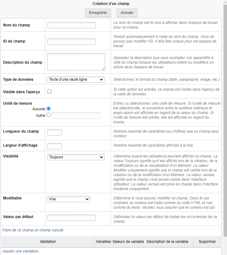 Boîte de dialogue Création d’un champ