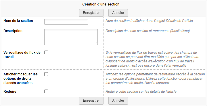 Boîte de dialogue Création d’une section