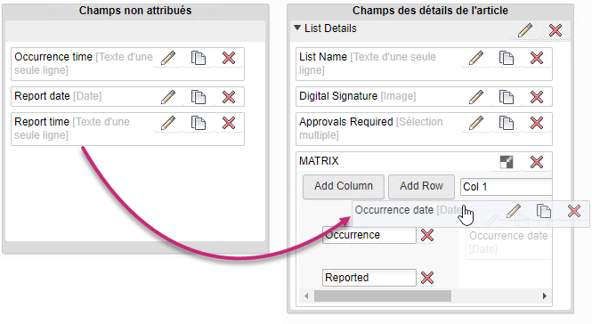 Attribution de champs aux colonnes de la table