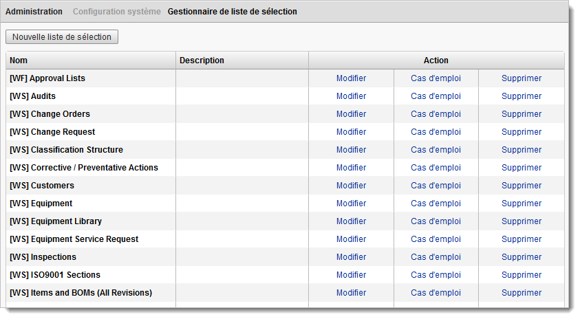 Configuration des listes de sélection