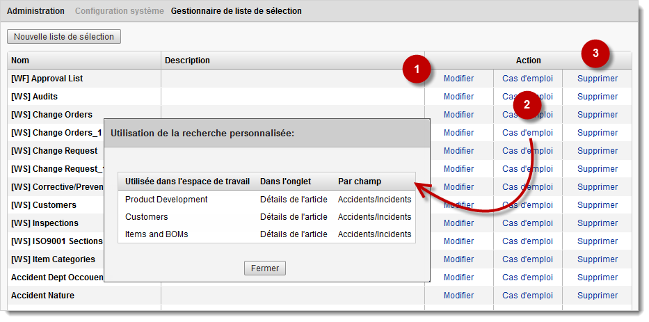 Gestionnaire de liste de sélection